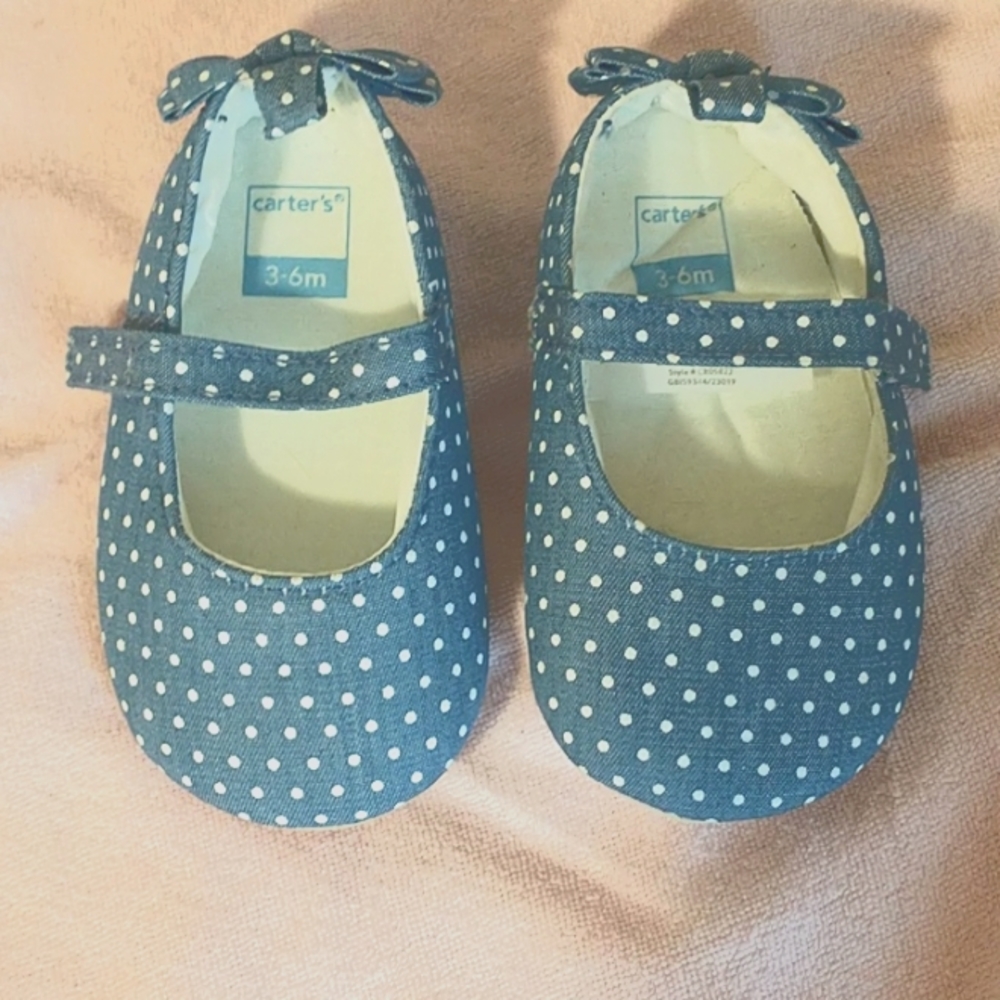 Carter's blue jean white polka dot baby shoes